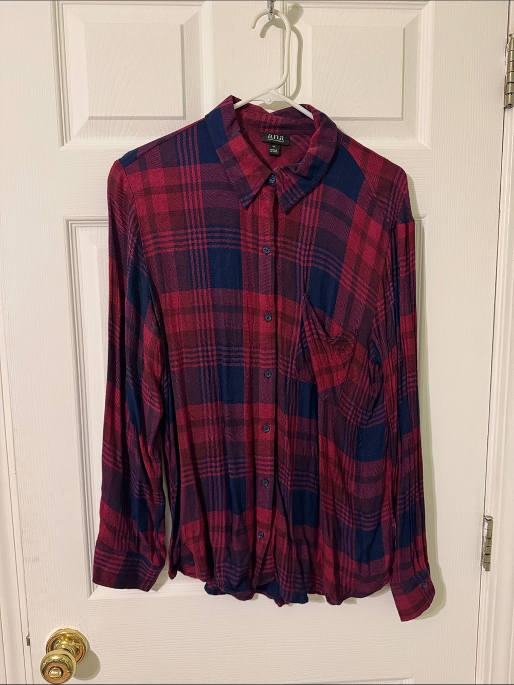 A.N.A women’s Red & Navy Plaid Button-Up Shirt